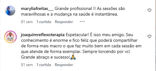 Depoimentos de @maryliafreitas___ e @joaquimreflexoterapia no Instagram